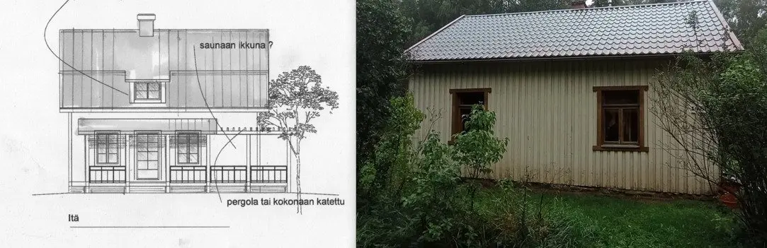 Julkisivuluonnos ja valokuva vanhasta talosta rinnakkain, luonnokseen merkitty kuisti ja saunan ikkuna